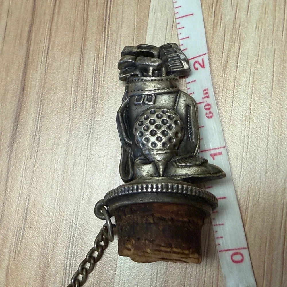Vintage Golf Bag Bottle Stopper Silver Tone Metal Barware with Chain Cork Base